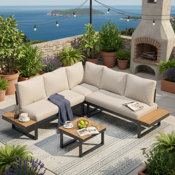 Merax Gartenlounge-Set, 5-Sitzer Gartenmöbel mit 5-Winkel-verstellbare Lehne, Beige + Grau
