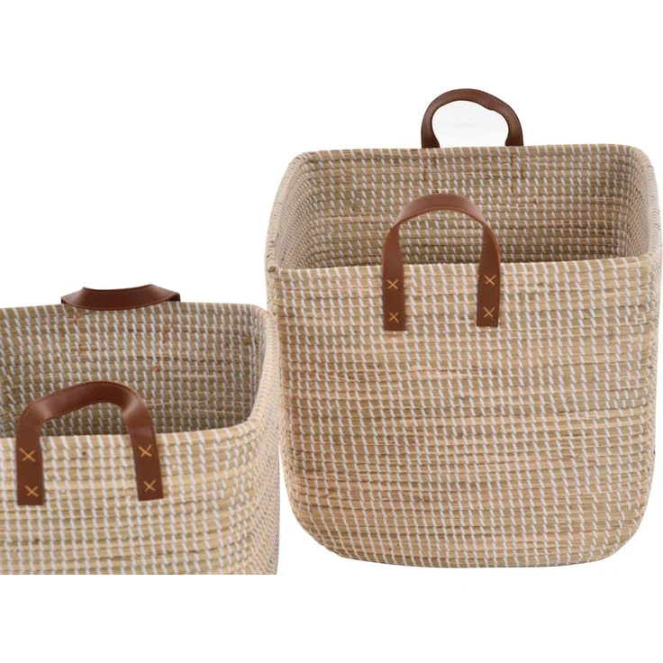 Krines Home Aufbewahrungskorb Set/2 Handgearbeitete Seegras Dekokörbe zur Aufbewahrung Flechtkorb (2 St, 2er-Set), Korb Natur mit weißen Wicklungen Hell Natur Quadratisch – Bild 3
