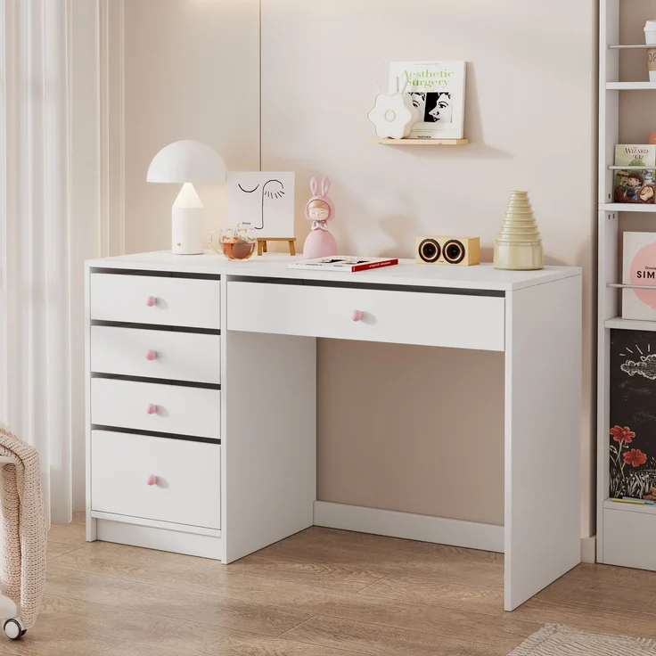 Schreibtisch 120x45x74 cm mit 5 Schubladen, mattweiß und rosa Keramikgriffen – Bild 2