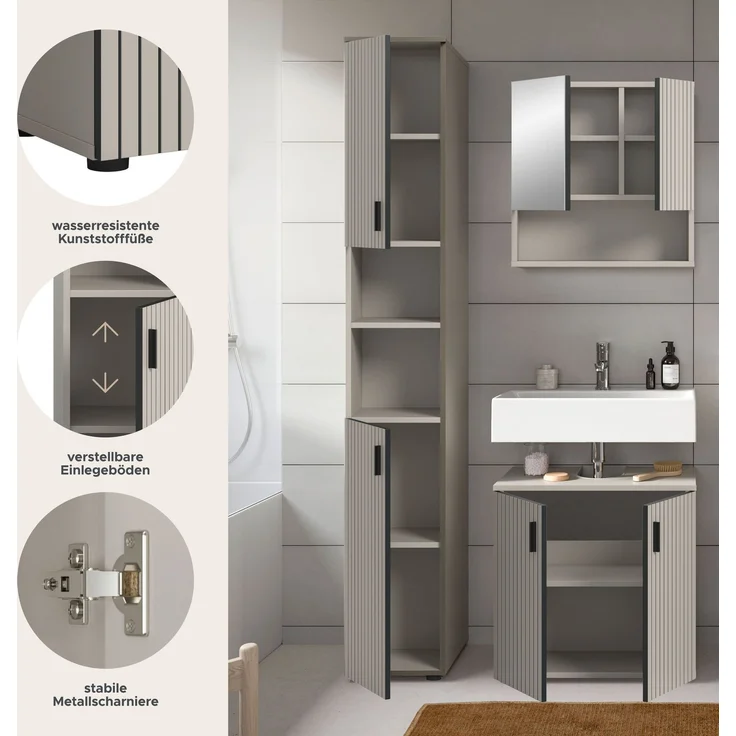 xonox. home – Badkombination Mone 105 x 192 x 30 cm in Kaschmir Nachbildung – 3-teiliges Set bestehend aus Badschrank, Unterschrank & Spiegelschrank – Zeitloses Design für EIN harmonisches Badezimmer – Bild 7
