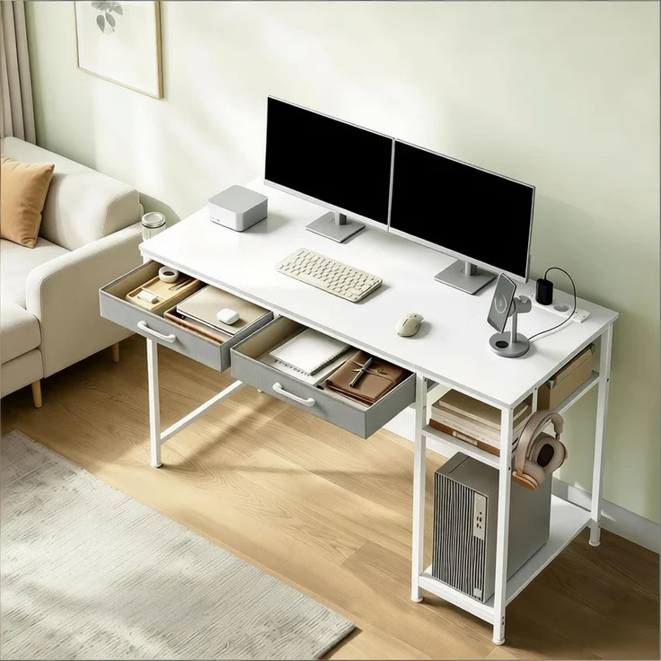 Moderner Computer Schreibtisch,Spieltisch mit Stoffschubladen,Studientisch,Umkleidetisch(nur mit Computer Schreibtisch)--Weiß--120x51x75cm--YOUDENOVA – Bild 2