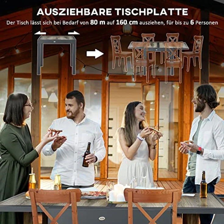 Outsunny Gartentisch, rechteckig, ausziehbar von 80 auf 160 cm, mit Aluminiumrahmen und pflegeleichter Kunststoffplatte, Beige und Grau – Bild 4