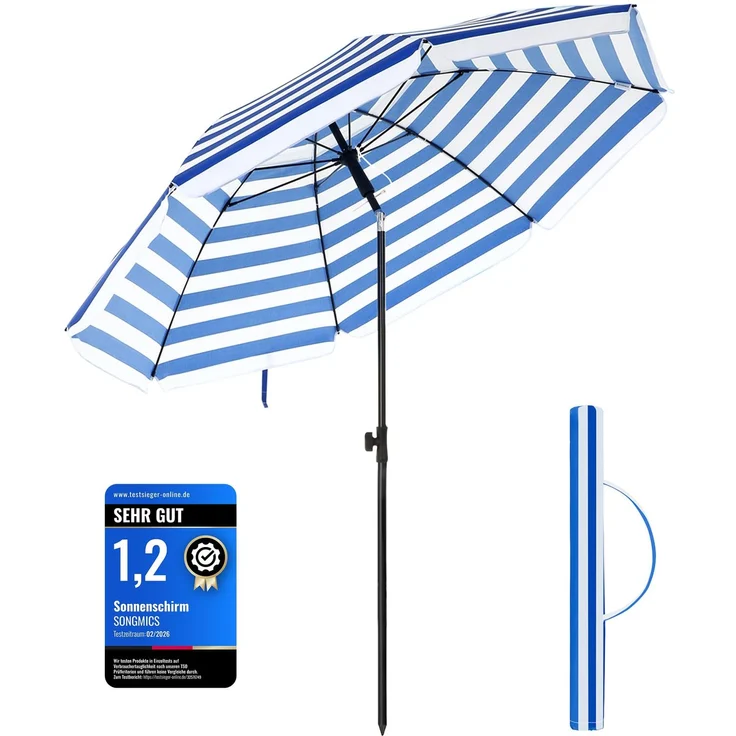 SONGMICS Sonnenschirm 160 cm, Sonnenschutz, UPF 50+, Strandschirm, beidseitig um 30° knickbar, höhenverstellbar, mit Tragetasche, Balkon, Garten, Strand, ohne Ständer, blau-weiß gestreift GPU60WU