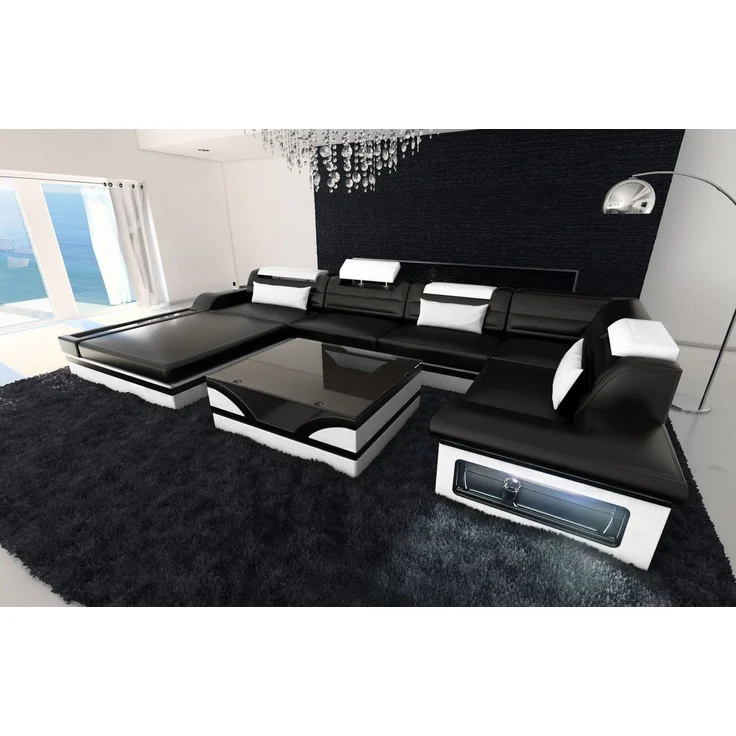 Mini Luxus-Wohnlandschaft Mezzo mit LED-Beleuchtung - Echtleder - Schwarz-Weiß - Links – Bild 3