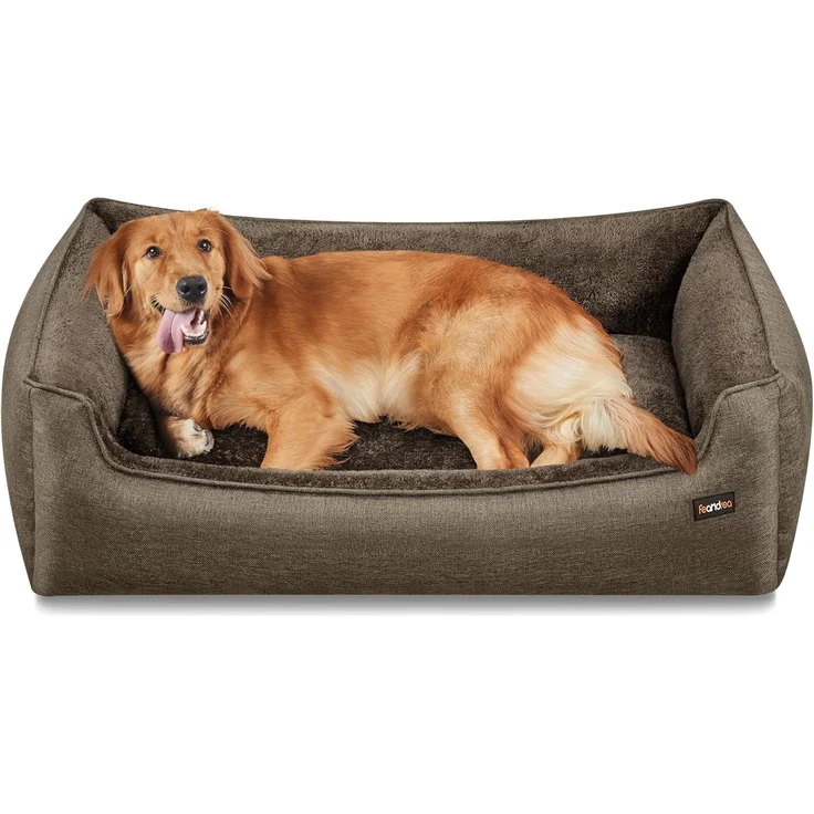 Feandrea Hundebett, Hundekissen in Leinenoptik, Hundekorb, erhöhte Ränder, rutschfeste Unterseite, Bezug abnehmbar waschbar, XL, für große Hunde, 110 x 75 x 27 cm, braun PGW12CC – Bild 1
