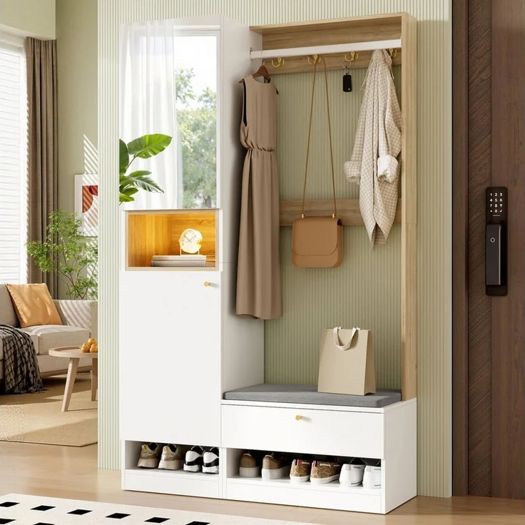 i@home Garderoben-Set Flurschrank mit LED-Beleuchtung & 3 Türen,viel Stauraum,105 x 35 x 180 cm, (Set, 1-St), Garderoben-Set mit Spiegel, Sitzbank, Haken& Kleiderstange, weiß/natur – Bild 4