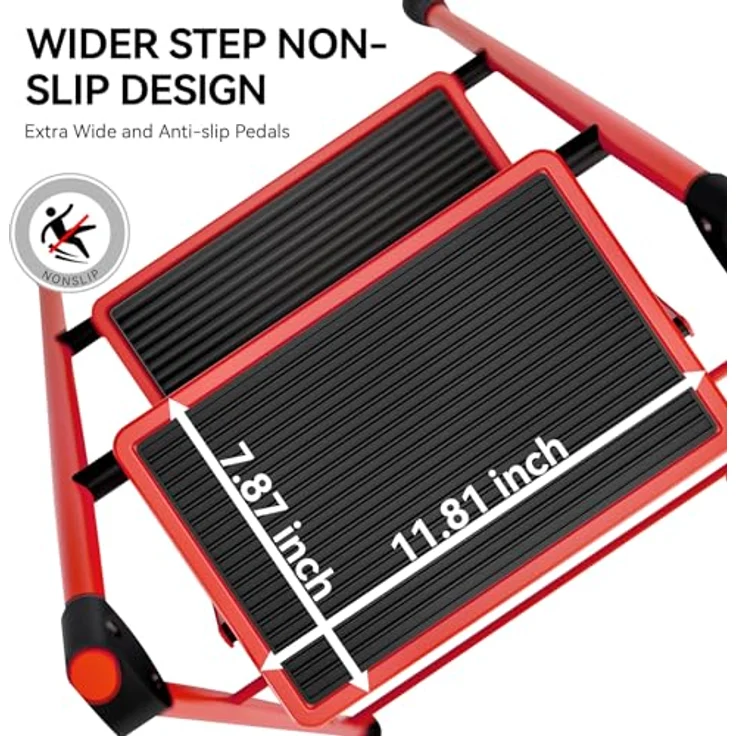 KINGRACK Stufen Leiter, Klappleiter mit Anti-Rutsch und breitem Pedal, Kleine Leiter mit Griff, Robuste Stahlleiter, leichte und tragbare Trittleiter (Rot, 4 Stufen mit handläufen) – Bild 3