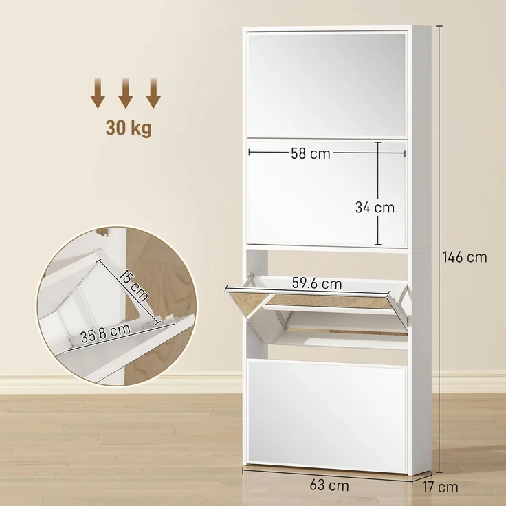 Spiegel-Schuhschrank mit 4 Türen und Kippschutz aus Holz, 63 x 17 x 146 cm, Weiß – Bild 5