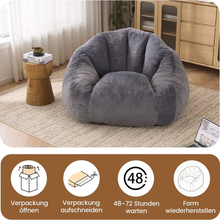 Sitzsack in Grau 111cm×123cm×75cm mit Kunstfell-Bezug – gepolsterter Loungesessel für Wohnzimmer und Schlafzimmer – Bild 5
