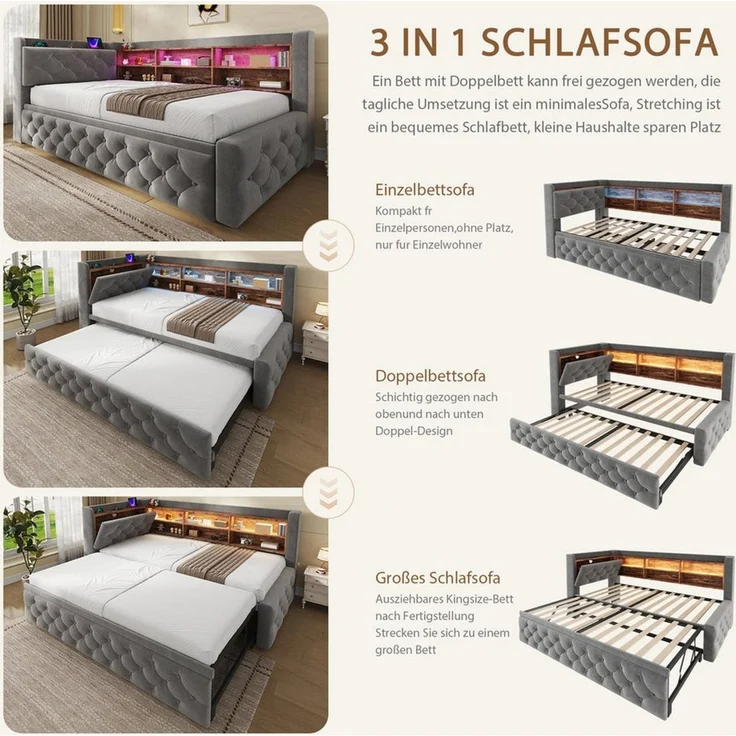 Odikalo Schlafsofa Schlafcouch 90x190 mit LED USB Type-C & Stauraum-Armlehne, Bettgestell ausziehbar, Samt, Sofa mit Holz-Kopfteil Ablage, Lattenrost, für Wohnzimmer & Gästezimmer – Bild 3