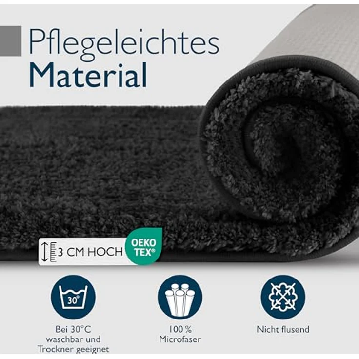 Beautissu Badematte BeauMare FL, rutschfest, Hochflor 30mm, 60x50cm, Schwarz, waschbar, Shaggy Optik – Bild 6