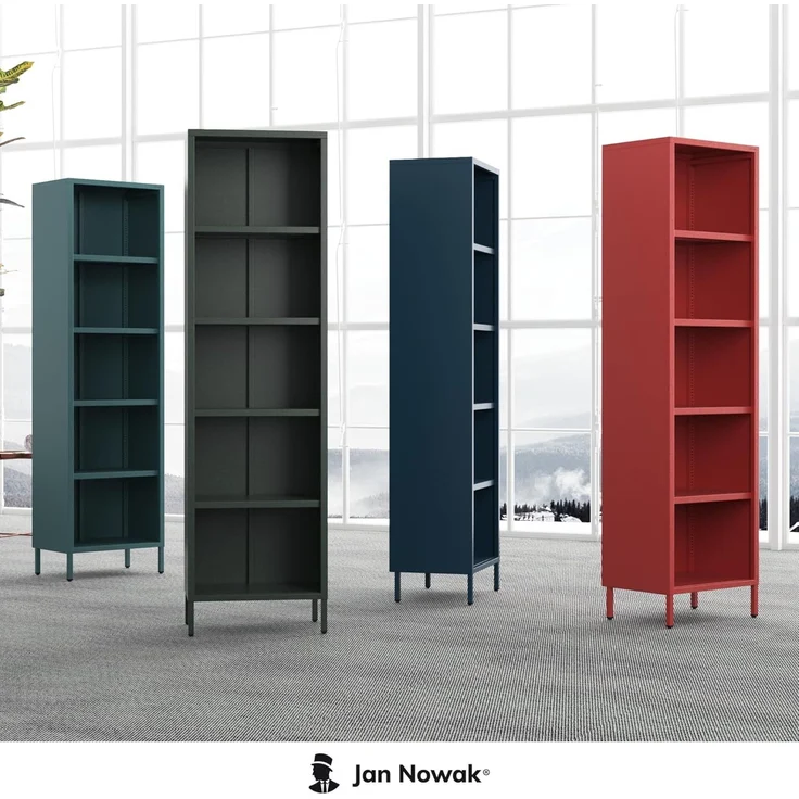 Jan Nowak Bücherregal Metall - Mario | Stabiles Regal Industrial mit 4 höhenverstellbaren Einlegeböden (4x30 kg) und Wandmontage | Hochregal Glitzernd, Regal Schmal | 50 x 180 x 35 cm | Rot – Bild 7