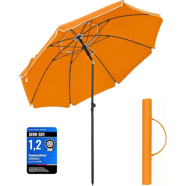 Songmics Sonnenschirm 200 cm, Sonnenschutz, UPF 50+, Strandschirm, beidseitig um 30° knickbar, höhenverstellbar, mit Tragetasche, für Balkon, Garten, Terrasse, Strand, ohne Ständer, orange GPU65OGV1