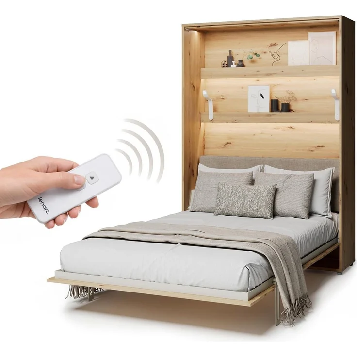 MEBLINI Elektrisches Schrankbett BC-36 - 140x200cm Vertikal - Artisan Eiche - Kopfteil Beige ohne Matratze - Wandbett mit Lattenrost und Kopfteil - Wandklappbett – Bild 1