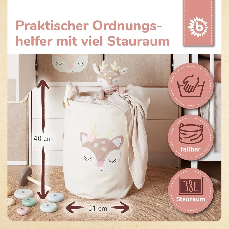 Bieco Wäschekorb Baby Reh Ella | Großer Aufbewahrungskorb Kinder Baumwolle und Wasserabweisend | Aufbewahrung Kinderzimmer | Wäschekorb Kinder Wäschekorb Kinderzimmer Mädchen Spielzeug Korb – Bild 3