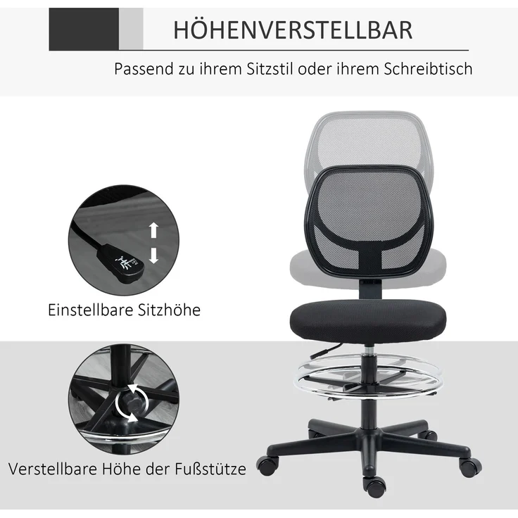 MELAYR, Zeichenstuhl inkl. Fußstütze, höhenverstellbarer Bürostuhl, 59 cm x 61 cm x 113 cm, Schwarz – Bild 6