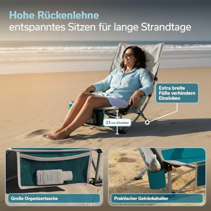 Skandika Strand Klappstuhl Beach | Bequemer Strandstuhl mit atmungsaktivem Mesh, Getränkehalter, niedrig, leicht zu transportieren, max. 136 kg | Faltbarer Campingstuhl, Liegestuhl (beige/türkis) – Bild 4