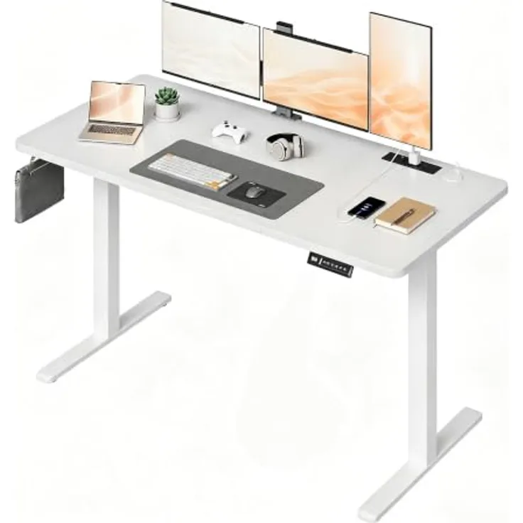 JUMMICO Höhenverstellbarer Schreibtisch 140x70 cm mit Steckdose | Schreibtisch Höhenverstellbar Elektrisch Stehtisch, Steh-Sitz Tisch, Bürotisch Computertisch, Wolkenweiß