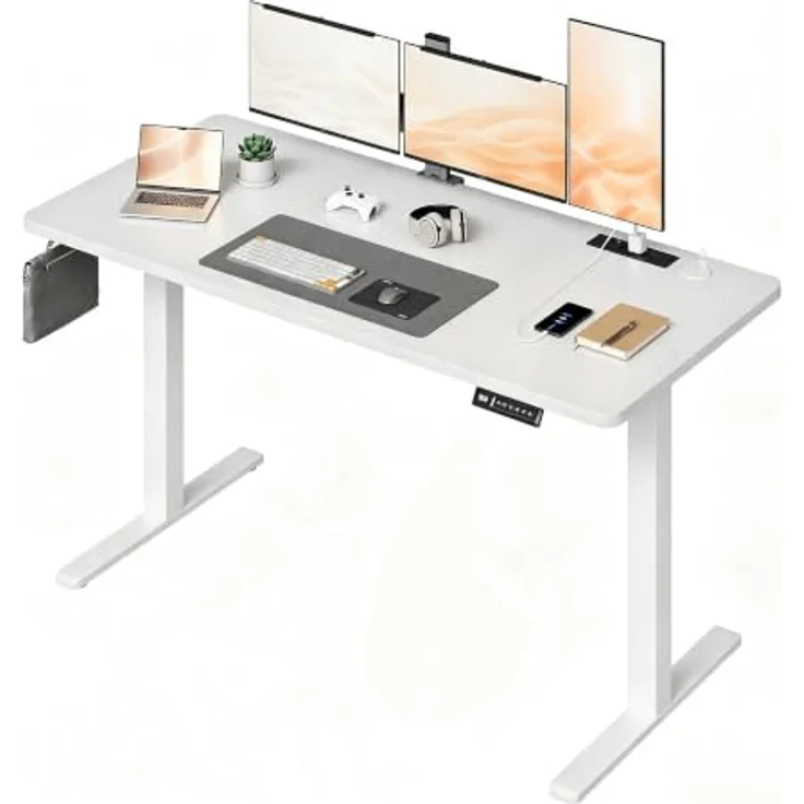 JUMMICO Höhenverstellbarer Schreibtisch 140x70 cm mit Steckdose | Schreibtisch Höhenverstellbar Elektrisch Stehtisch, Steh-Sitz Tisch, Bürotisch Computertisch, Wolkenweiß – Bild 1