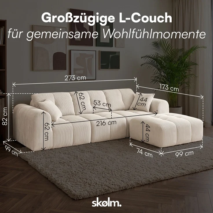 skølm 'Vanaheim' Sofa 3 Sitzer mit Hocker & 2 Kissen, Cloud Sofa Cord beige, Vollschaumcouch mit Federkern und Vakuum-Kompression, kein Aufbau erforderlich – Bild 8