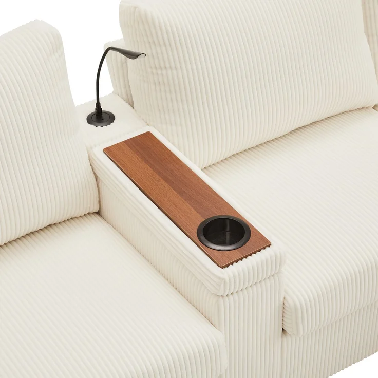 Cord-Sofa mit 2 Stauraumhockern, Leselampe, Klappkonsole, App-LED und USB-C, U-förmige Lounge-Couch mit Getränkehalter, Beige – Bild 9