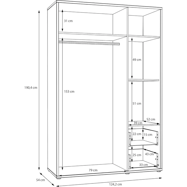 FORTE PYS Moderner Kleiderschrank 125, 3-türig, 2 Schubladen, Schwarz, 124,2 cm B x 190,4 cm H x 54,0 cm T – Bild 7