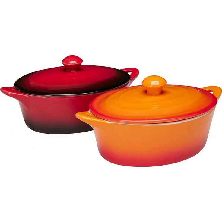 Koopman Ofenschale Auflaufform Gartopf Ofenform 2 Farben Keramik 2 Stk, Keramik, (Set, 2-St, Packung), 2er Set, mit Deckel, Keramik, Orange + Rot – Bild 2