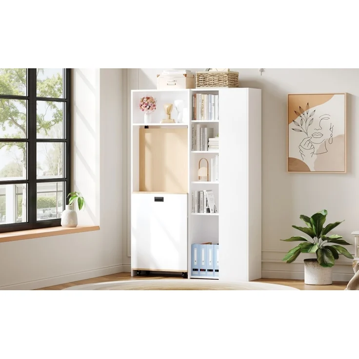 Klappbarer Schreibtisch 104,5 × 30,5 × 160 cm, 2-in-1 mit Bücherregal, EU-Steckdose & USB, 2 höhenverstellbaren Ablagen, PC-Fach, MDF, Weiß – Bild 20
