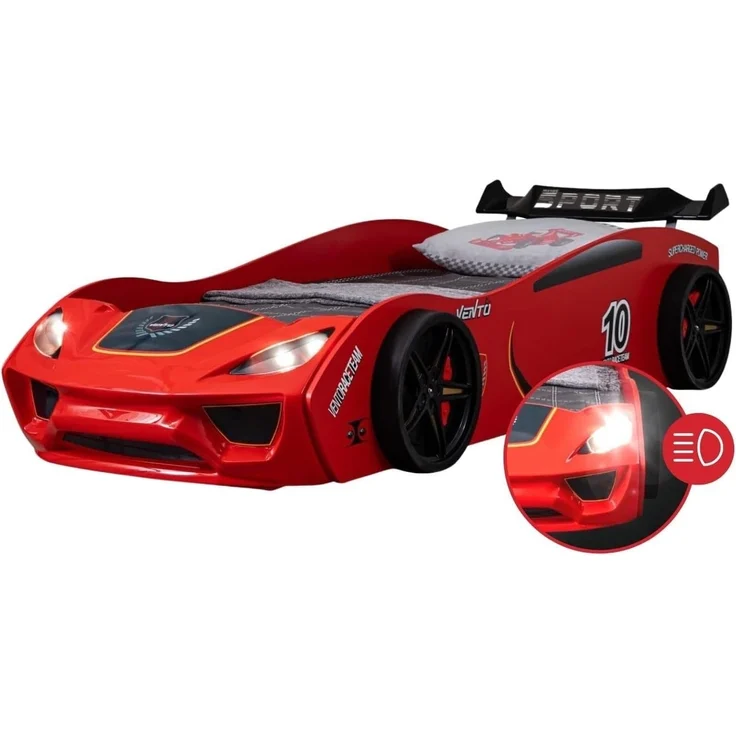 Coemo Kinder Autobett Dream Racer Kinderbett 90x200 im Rennwagen Design mit LED Beleuchtung und Lattenrost für Jungen und Mädchen - Betten Farbe Rot - Rennbett
