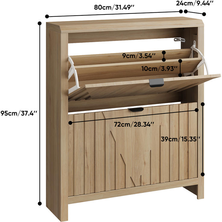 Schuhschrank aus MDF und Massivholz mit 2 Klappfächern, Eichenoptik und geometrischer Front,H 95 x T 80 x B 24 cm – Bild 5