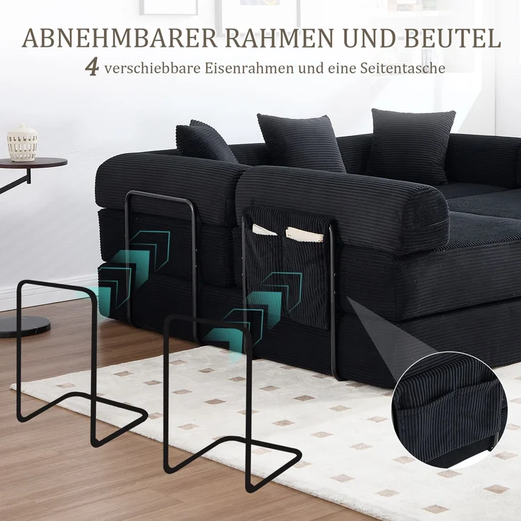 Wohnora-Gemütliches Familiensofa mit Stauraum & modularer Funktion – vakuumverpackt für mühelose Montage, frei kombinierbare Module und haustierfreundlich Perfekt für entspannte Momente Schwarz,H 64cm x T 270cm x B 180cm,Schwarz – Bild 2