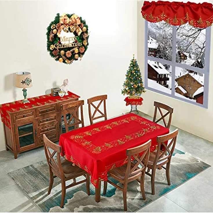 Grelucgo Bestickte Weihnachtstischdecke mit Stechpalmen-Motiv, 144x279 cm, rechteckige Tischdecke – Bild 3