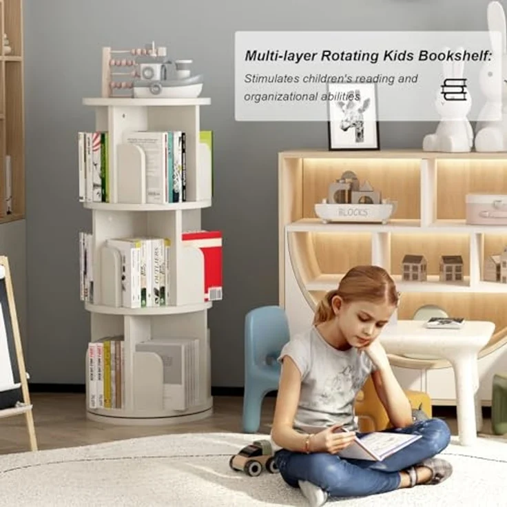 GarveeLife Drehbares Bücherregal aus Massivholz, 360-Grad-Anzeige, Aufbewahrungsregal für Kinder und Erwachsene, multifunktionaler Bücherregal-Organizer (3 Etagen, weiß, 40 x 40 x 98 cm) – Bild 4