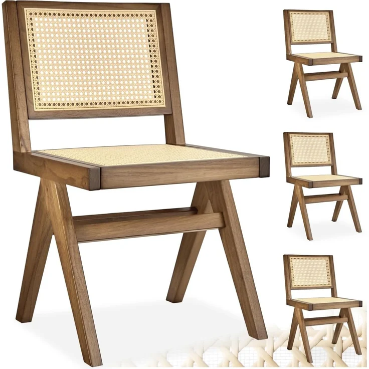 tectake Esszimmerstuhl Holzstuhl Lissy mit Wiener Geflecht im Boho-Stil (Set, 4 St), Große Rückenlehne und Sitzfläche ohne Armlehnen
