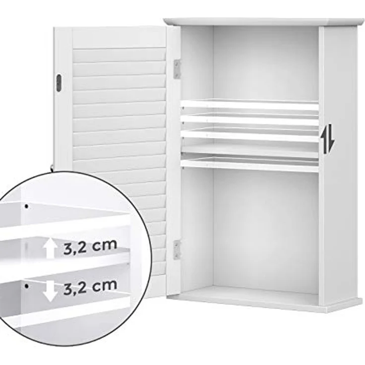 VASAGLE Wandschrank, Badezimmerschrank, Medizinschrank mit höhenverstellbarer Regalebene, Badschrank mit Tür, 40 x 16 x 60 cm, Holz, weiß BBC24WT – Bild 5