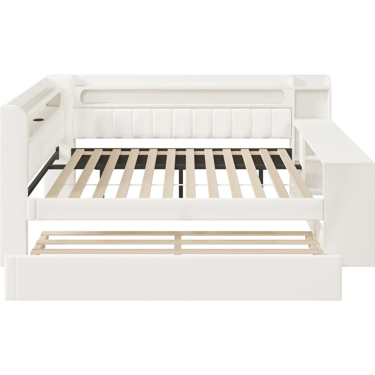 Gepolstertes 140x200 Tagesbett mit USB-Anschlüssen und LED-Gürtel, mit Ausziehbett und Schreibtisch, Weiß – Bild 6