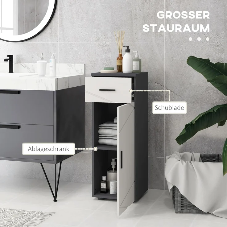 Kleankin Badkommode Badezimmerschrank mit Schublade, Verstellbar Ablagen (Badschrank, 1 St, Aufbewahrungsschrank), für Badezimmer, Wohnzimmer 30 x 30 x 82 cm Grau – Bild 4