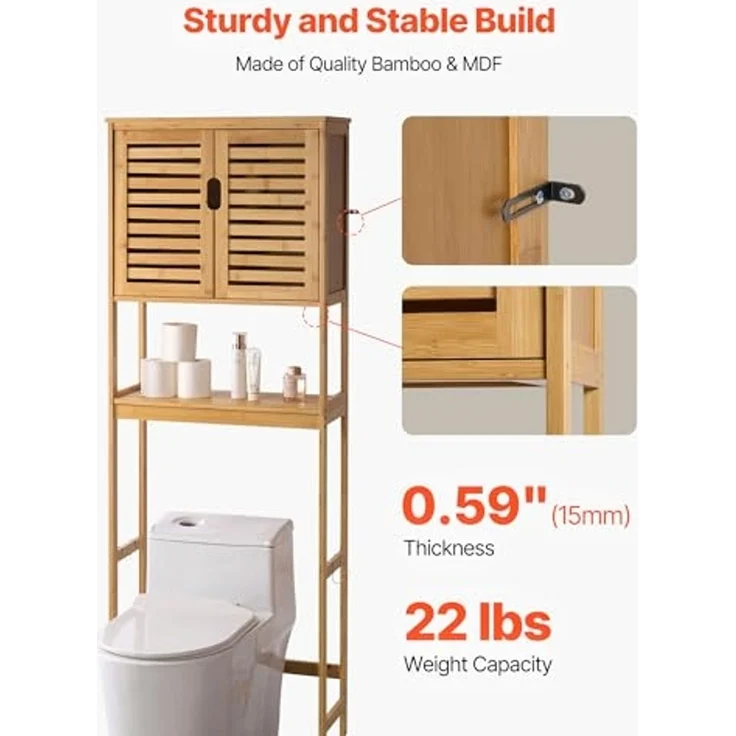 VEVOR Toilettenschrank Badezimmerschrank mit Doppeltür & verstellbarem Regal, platzsparender 3-stöckiger Badschrank über der Toilette mit offenem Regal, 65 x 27 x 175 cm Aufbewahrungsschrank Natur – Bild 6