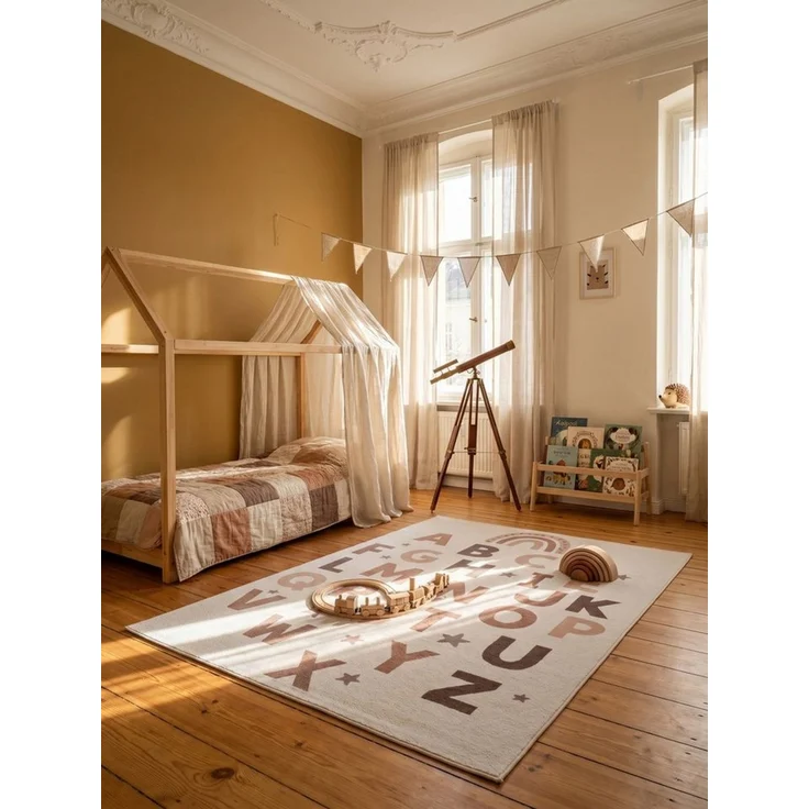 KADIMA DESIGN Kinderteppich TINO Kinderteppich Waschbar Kinderzimmer Schadstoffgeprüft, Läufer, Höhe: 10 mm, Creme, 80x150 cm, Kinderteppich Waschbar Spielteppich – Bild 1