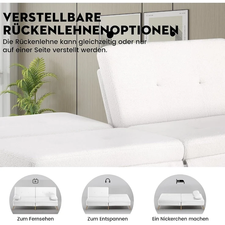 COMHOMA Schlafsofa mit Schlaffunktion, Sofa überzug Futon Klappsofa, Bettcouch, ecksofa, Couch Gästebett, 3-Sitzer Sofa, mit verstellbare Rückenlehne aus Teddystoff Weiß – Bild 7