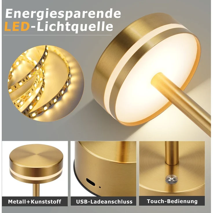 ZMH Tischlampe Akku LED Tischleuchte Kabellos - Nachttischlampe Dimmbare mit USB-C Aufladbar Batterie Touch Lampe Gold Tischlampen für Schlafzimmer Esszimmer Büro- 2ER – Bild 2
