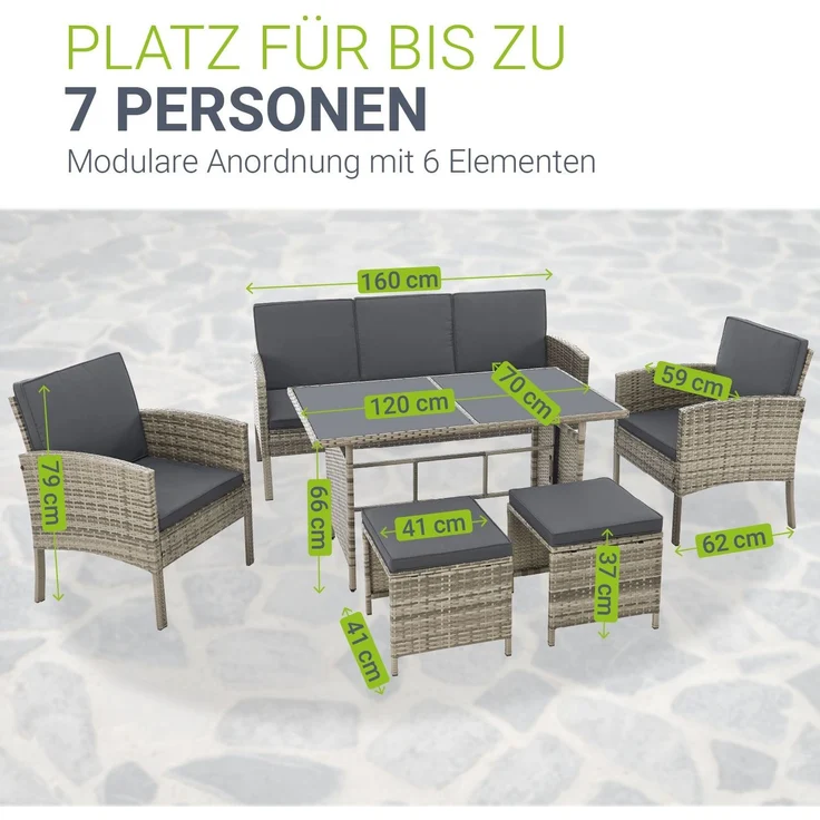 Juskys Polyrattan Gartenmöbel Sitzgruppe Turin Set 6 teilig inkl. Abdeckung - 7 Personen - Outdoor Möbel mit Sessel, Hocker, Tisch & Kissen - Garten Loungemöbel Grau-meliert – Bild 5