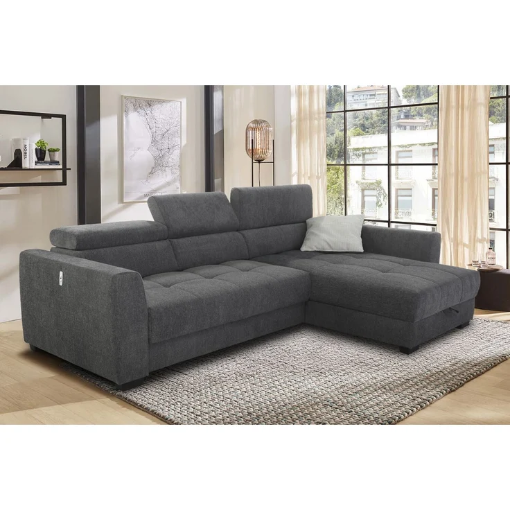 Ecksofa elektrisch ausfahrbar verstellbar Couch Kopflehne Bettkasten Dunkelgrau – Bild 2
