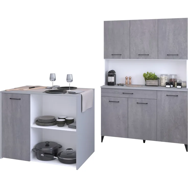 Mehrzweckschrank-Set >Malice 4< (2-teilig) Buffet + Beistellschrank/Insel, in Beton Optik hell / weiß