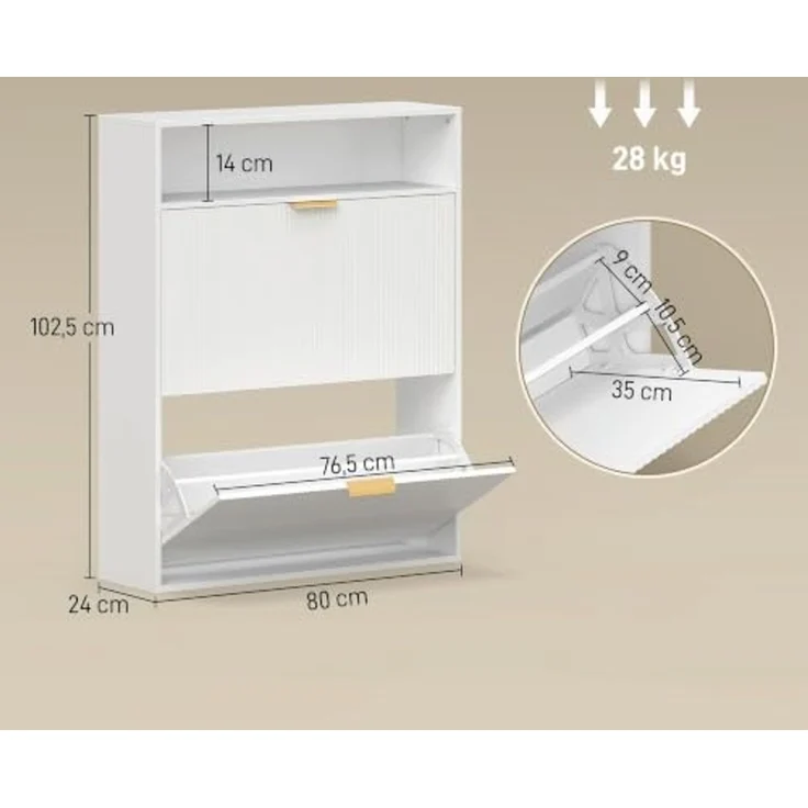 HOMCOM Schuhschrank mit 2 Klappen 2 Türen für 12-16 Paar 80x24x102,5cm Weiß | Schmal Schuhkipper, Ablagefläche, Schuhkommode, für Flur, Eingang – Bild 3