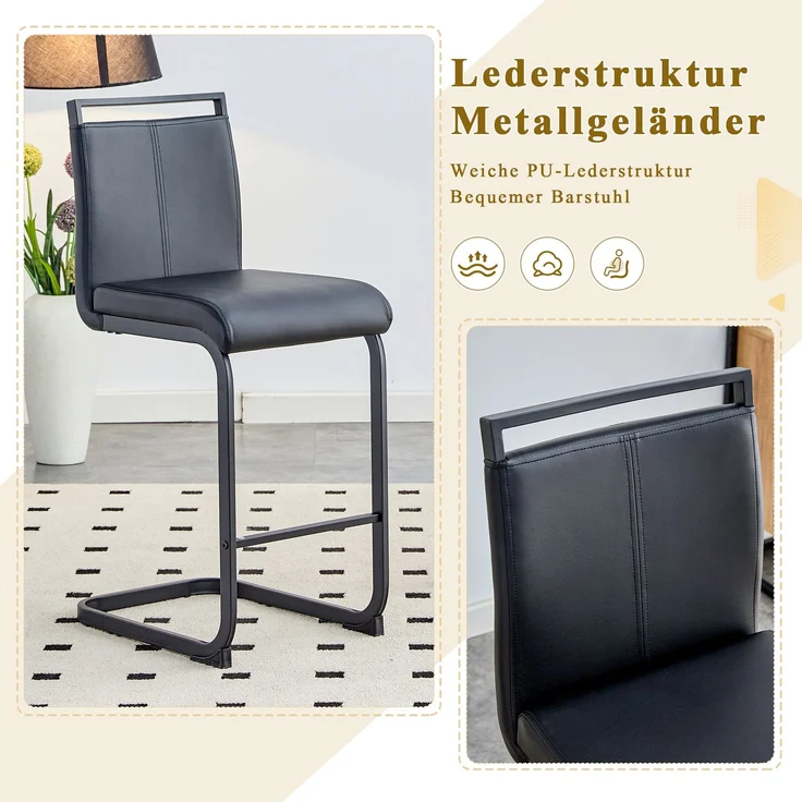 Zweier-Set Barhocker im nordischen Stil (2 Stück).Hergestellt aus hochwertigem schwarzem Kunstleder mit schwarzen Metallbeinen, Geeignet für Restaurants, Küchen u.a, Gesamthöhe: 96.5 cm.--Schwarz--39x46.5x96.5cm--YOUDENOVA – Bild 6