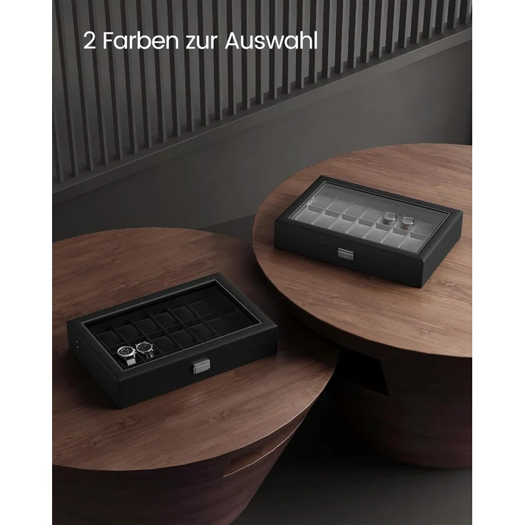 SONGMICS Uhrenbox, abschließbarer Uhrenkasten, Uhrenkoffer, Organizer für Uhren, mit 24 Fächern, Glasdeckel, Geschenk für die Liebsten, PU-Bezug in Tintenschwarz, Samtfutter in Tintenschwarz JWBDE024B02 – Bild 7