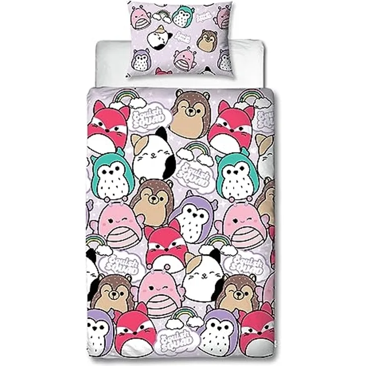 Character World Squishmallows Offizielles Bettwäsche-Set für Einzelbett, helles Design, wendbar, zweiseitig, Squish Squad Bettbezug, offizielles Merchandise-Produkt, inklusive passendem Kissenbezug