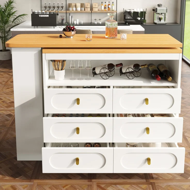 Bartisch ausziehbar mit 360° Drehfunktion, MDF Tischplatte, 6 Schubladen, Stauraumregal,Weiß – Bild 4