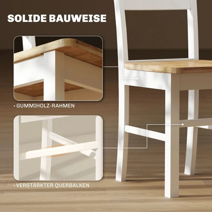 2er-Set Küchenstühle, Kautschukholz, gebogene Sprossenlehne, Weiß--Eiche--50.5x40x88.5cm--YOUDENOVA – Bild 5